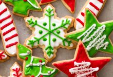 Overhead photo of iced Christmas Cookies on a tray