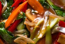 Close up of Vegetable Stir Fry with lots of sauce